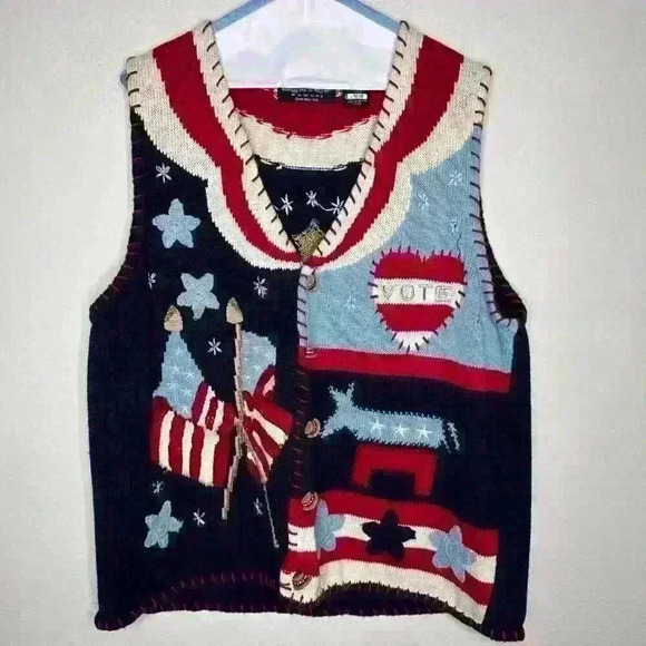 VNTG Eagle's Eye Knit 1996 Knit Sweater Vest Patriotic Vote Sz 1X‎ - Picture 1 of 13